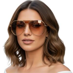 NWT Linda Farrow Matheson Aviator Sunglasses Yellow Gold & Tobacco LFL785C4SUN